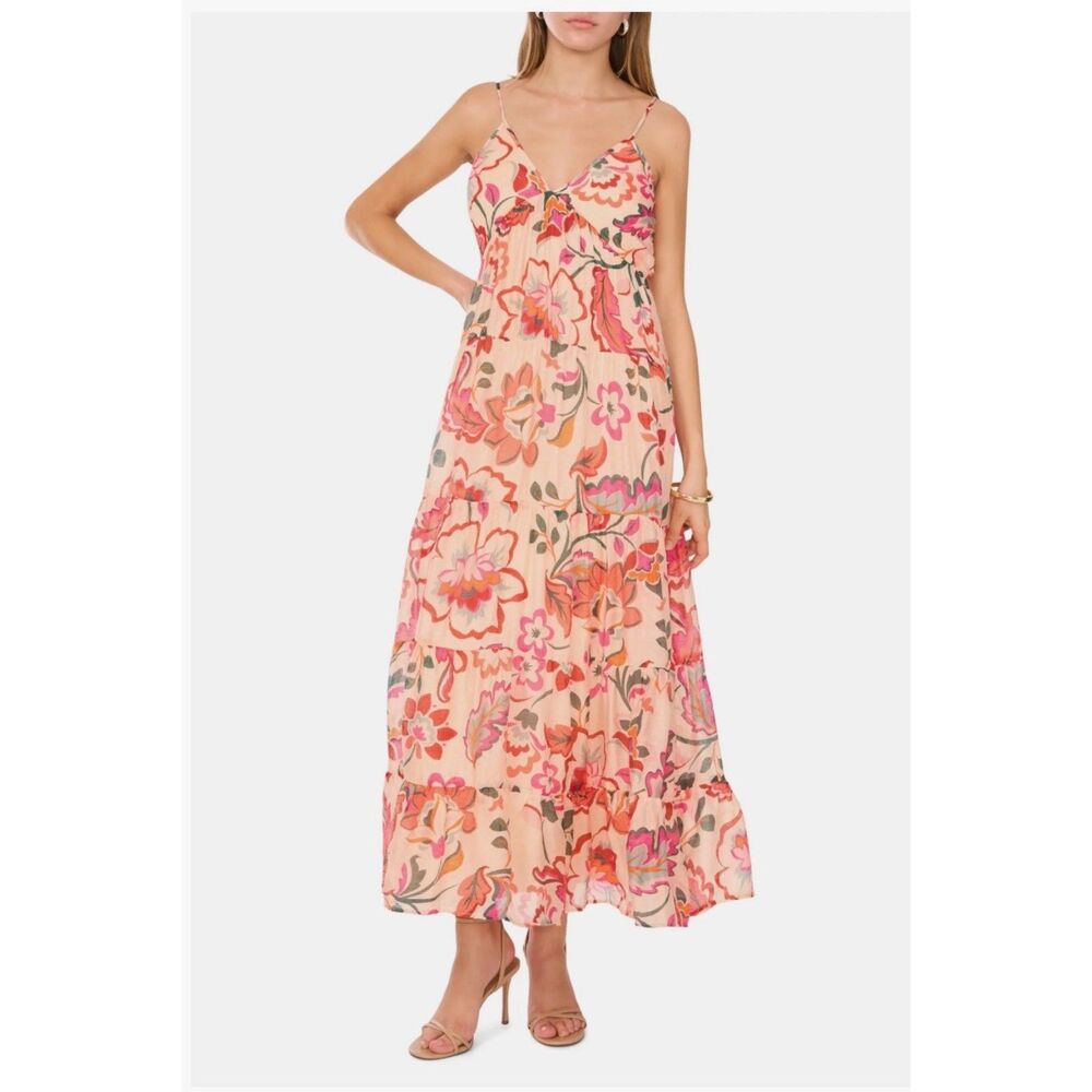 1.STATE Floral Tiered Maxi Dress NWT Peach Pink Sleeveless Lined Women's Size L